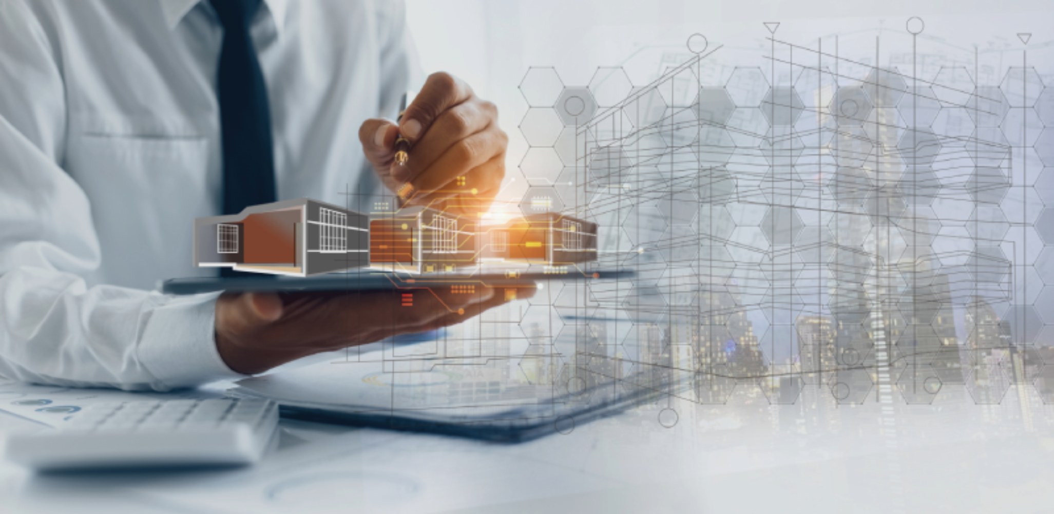 Architectural engineer using a tablet to digitally design a space.
