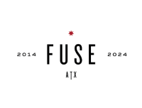 Logo with a black background featuring a central text design that reads "FUSE" in bold white letters. Above and below the word "FUSE," there are decorative elements, including a red star. The years "2014" and "2024" are positioned on the left and right sides, respectively, in smaller white font. The abbreviation "ATX" is located below "FUSE" in a similar style. The overall color scheme includes black, white, and red.