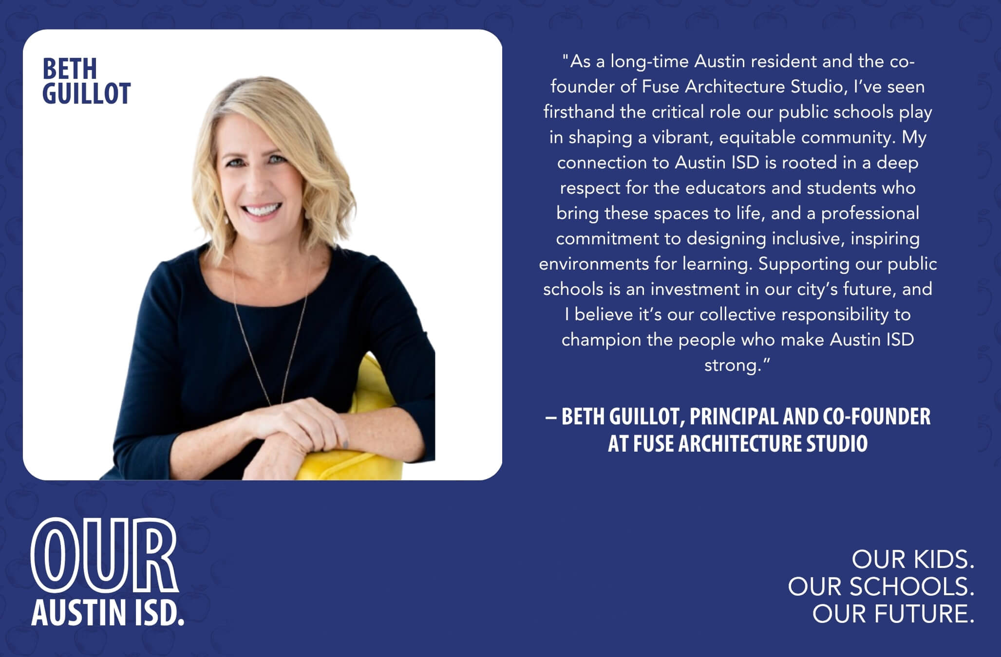 Beth smiling in a professional portrait next to a testimonial about supporting public schools in Austin ISD.